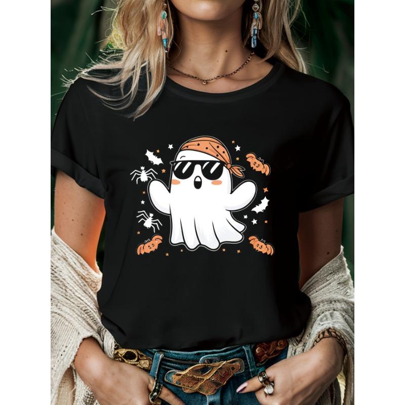 

European sizes Cool Ghost Print T-Shirt, Casual Crew Neck Short Sleeve Comfort Tee Top for Spring & Summer, Women S Clothing S чёрный