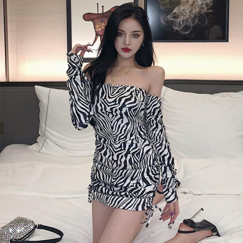 Lady's Fashion Leopard/Zebra Off Shoulder Sexy Tight Strapless Long-sleeved Dress