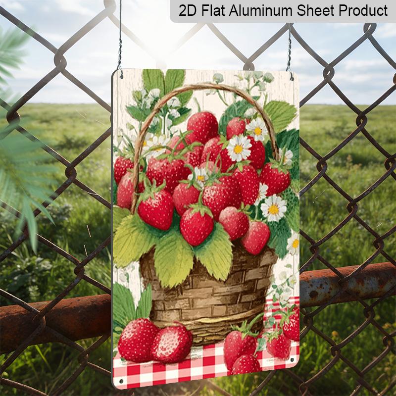 2D Flat Decorative Sign Plaque | Strawberry Welcome Garden Aluminum Sign, Strawberry and Basket Garden Decor, Summer Fruit Theme Yard Sign Lawn Sign