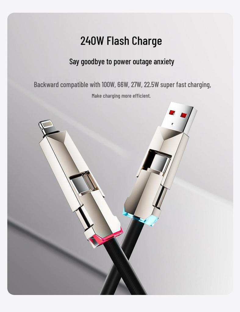 240W Cyber Spring 4-in-1 Retractable Data Cable for Apple & Huawei iPhone 16
