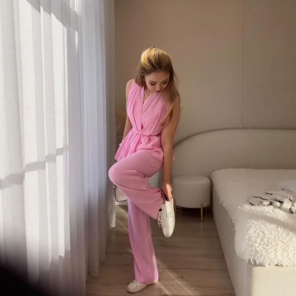 Costum de navetă european și nou pentru femei, cu decolteu în V, fără mâneci, cu șireturi în talie, pantaloni cu talie înaltă și crac lat