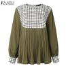 ZANZEA Women Casual Round Neck Plaid Print Patchwork Long Sleeve Blouse