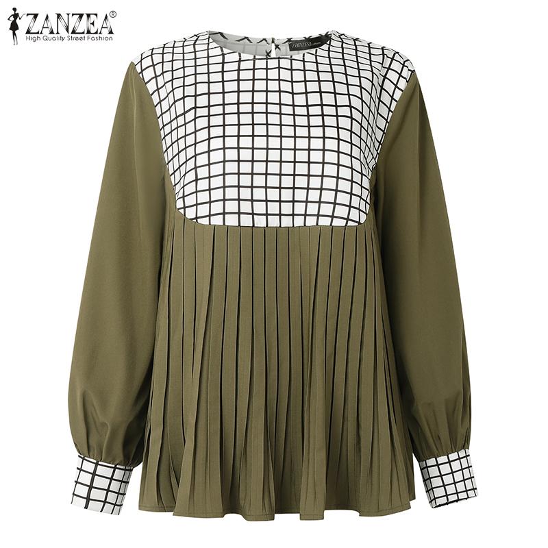 ZANZEA Women Casual Round Neck Plaid Print Patchwork Long Sleeve Blouse