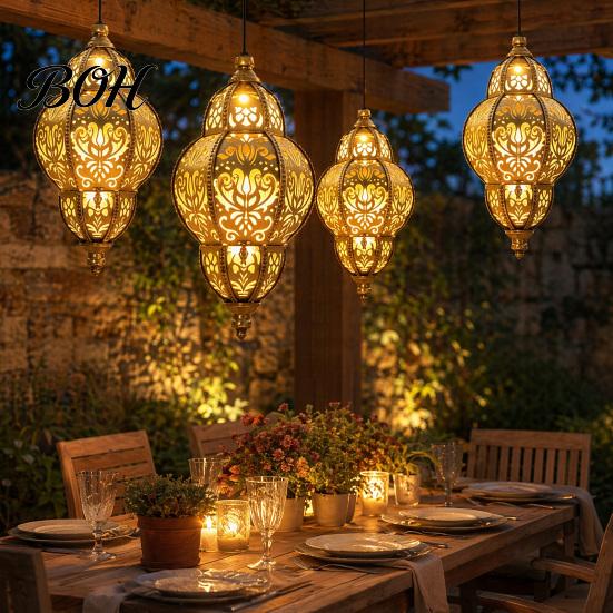 Moroccan Style Solar Lanterns Hanging Lights, Waterproof Outdoor Lanterns, Warm Light Lamps Powered Garden Lighting for Yard Patio Decor Decorative