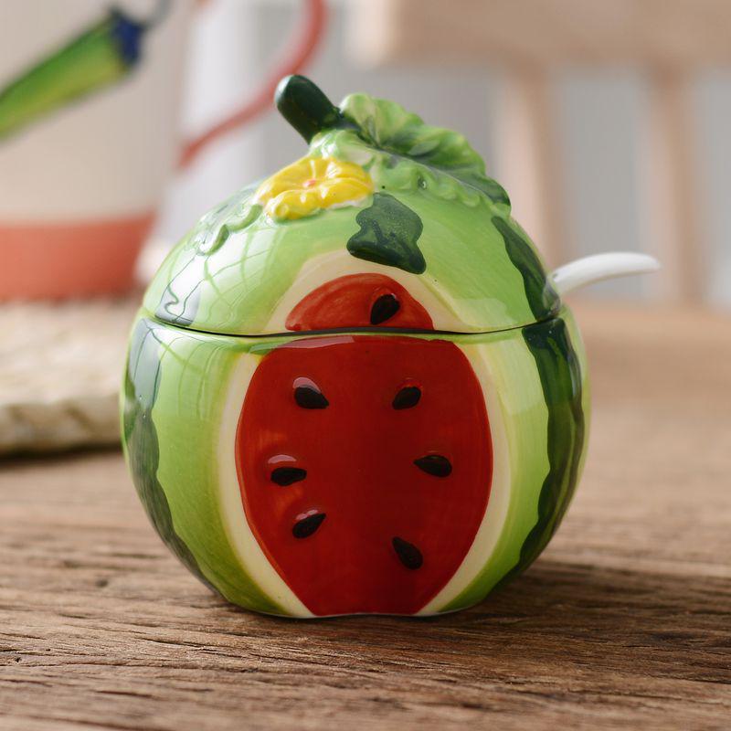 NEW Cartoon Fruit Ceramic Seasoning Jar with Spoon Set Kitchen Supplies Household Seasoning Box Seasoning Bottle