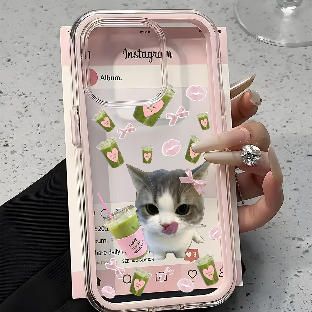 Cute Matcha Cat Pattern 2in1 Clear Phone Case For Samsung Galaxy S26 Ultra S25 S23 FE S24 S22 A57 A37 A55 A54 A36 A35 A16 Cover