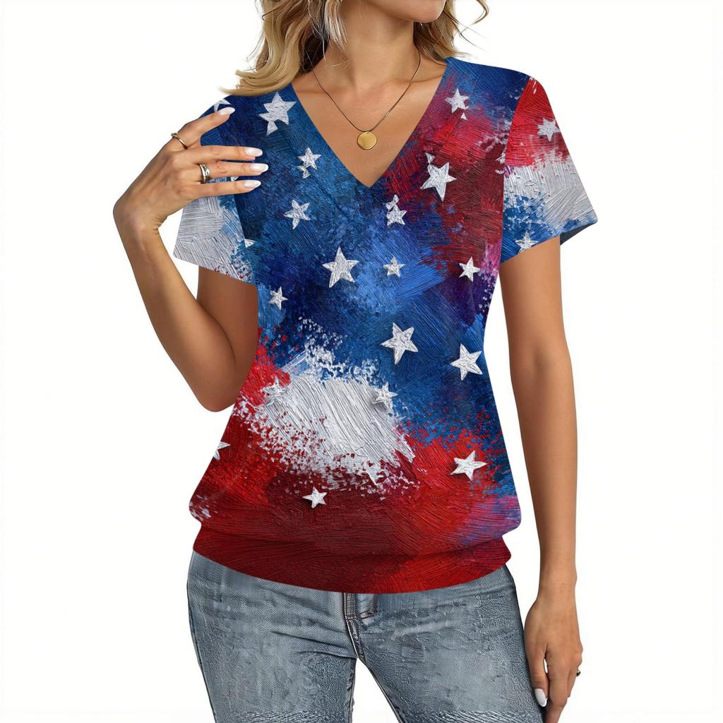 Women's Casual Short Sleeve V Neck Top Independence Day Printed T Shirt Lightweight Comfortable Summer Blouse