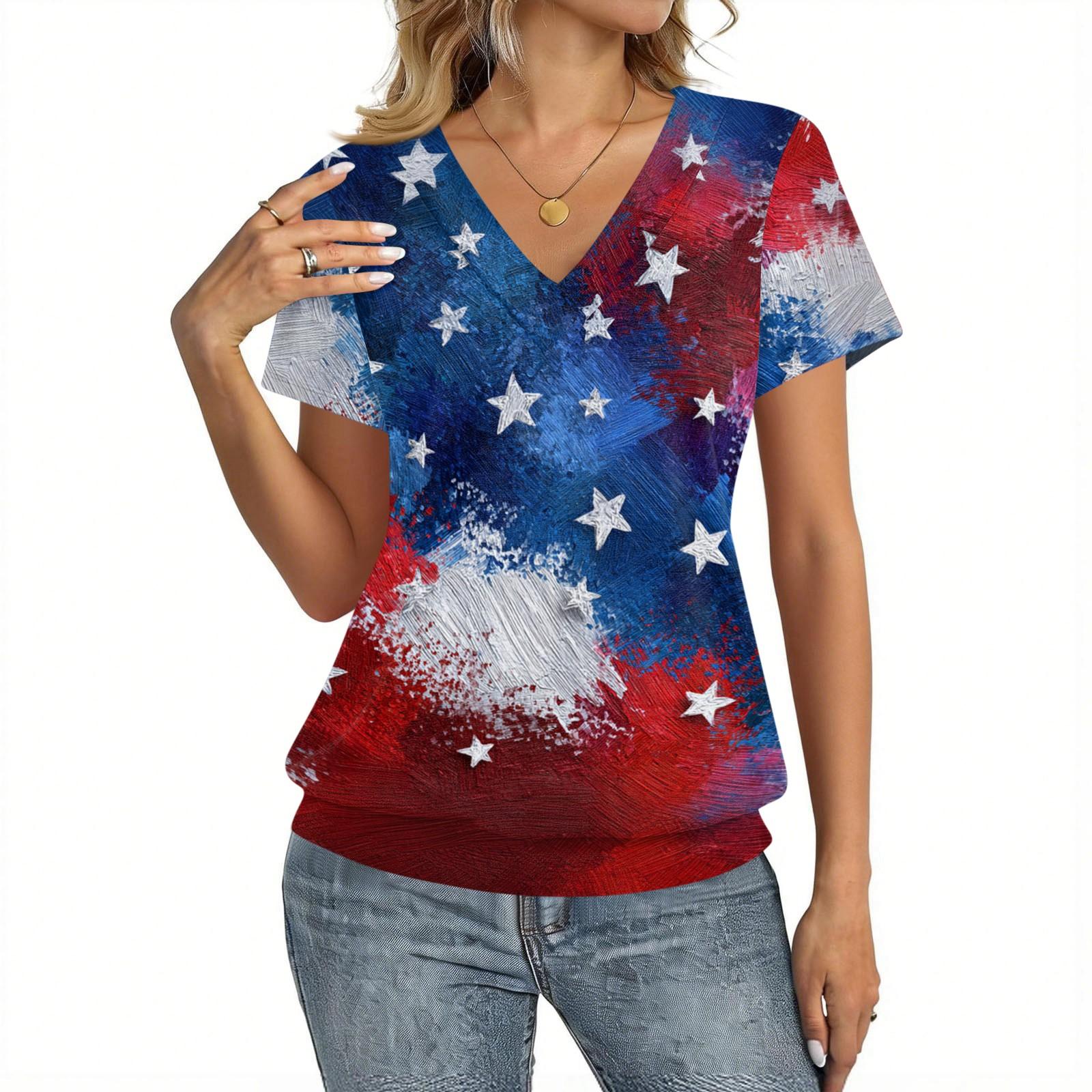 

Women s Casual Short Sleeve V Neck Top Independence Day Printed T Shirt Lightweight Comfortable Summer Blouse XL
