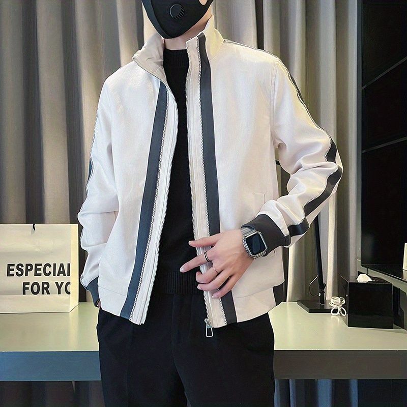 

Модные куртки на молнии со стойкой воротником, мужская одежда, весна-осень, повседневные, контрастные цвета, пэчворк, корейские пальто с длинным рукавом L