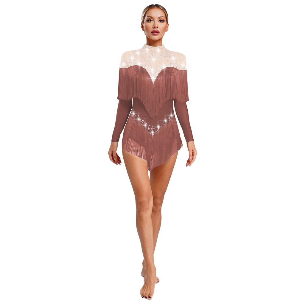 Stage Dance Bodysuit for Women - Latin Style with Tassels, Shiny Rhinestones & Sheer Mesh Long Sleeve Design