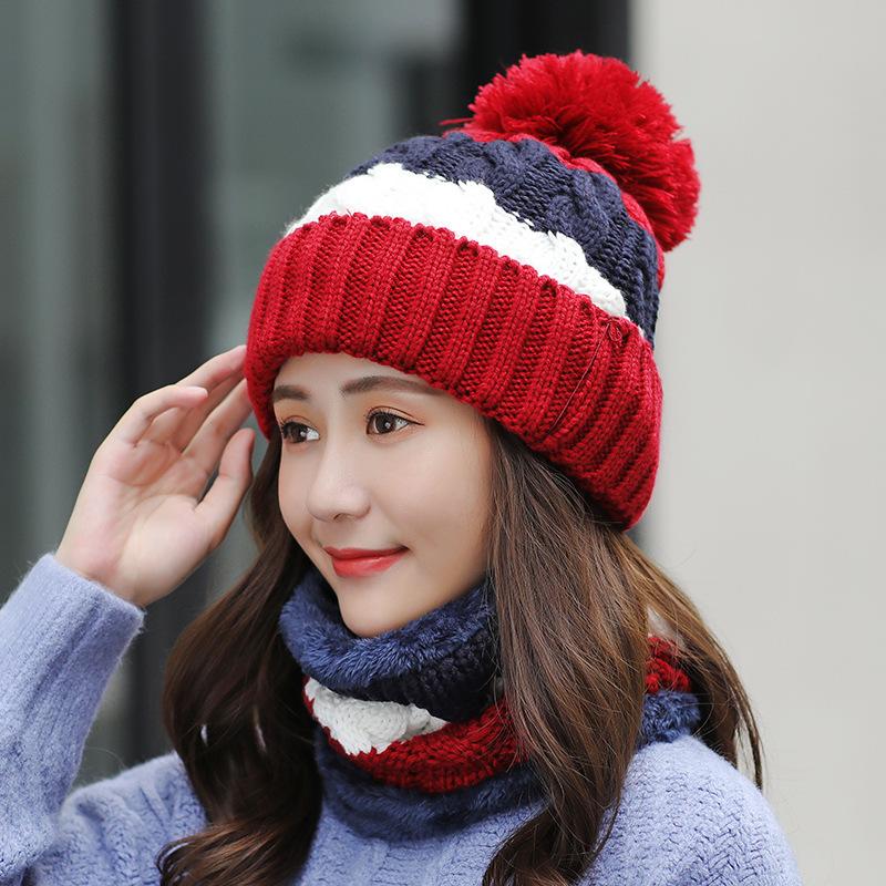 Hat Women's Winter Trendy Plush Wool Hat Winter Warm Scarf Cycling Knitted Hat Headgear Two-piece Set