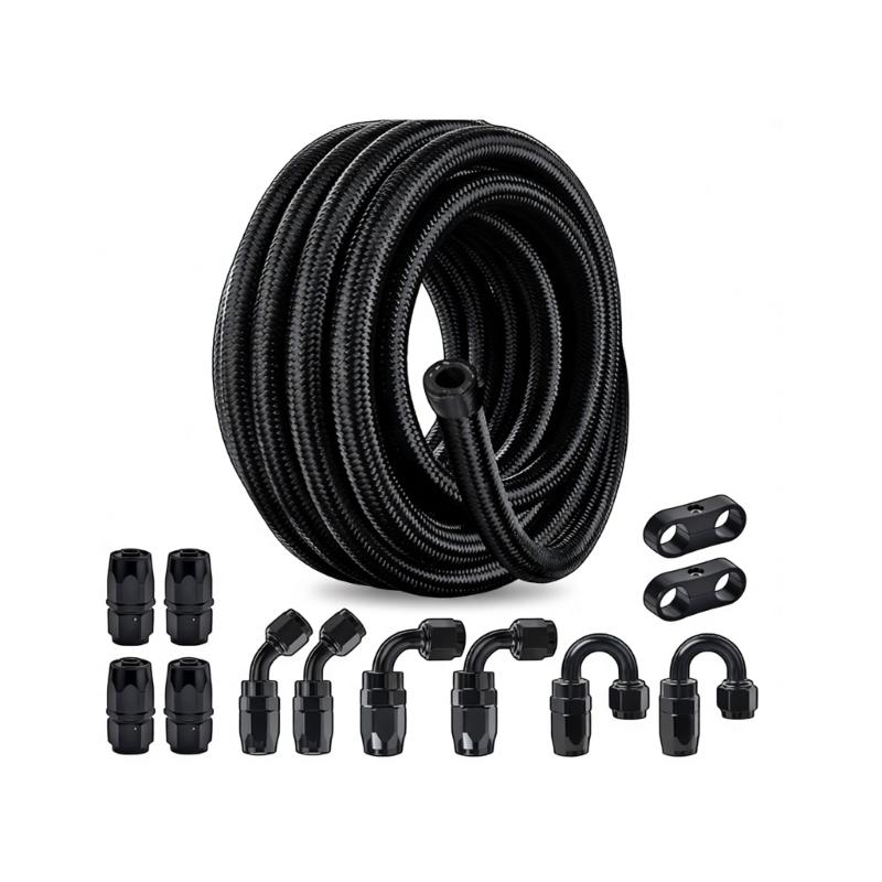 Fuels Hose Fitting Kit 6AN Black Nylon Braided Line with Straight Elbow 180 Degree Connector for Engine Bay Fuels Builds