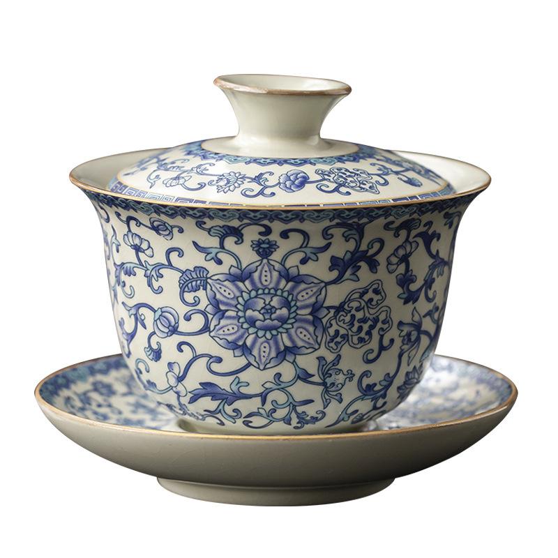 Ru Kiln Twined Branch Lotus Sancai Cover Bowl Chinese High-end Ceramic Tea Bowl Kung Fu Tea Set Cover Bowl Cup Single Tea Ware