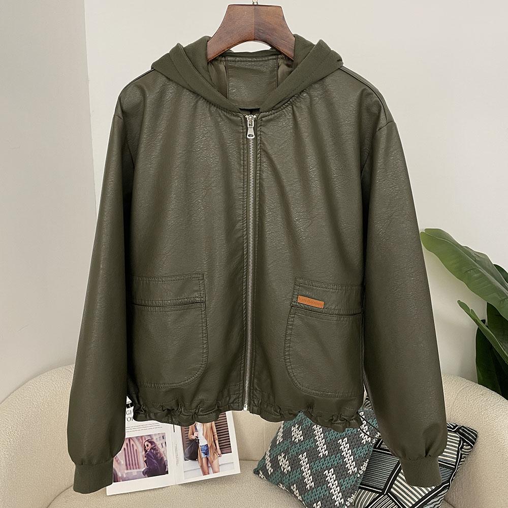 OFTBUY Damen Kapuzenjacke Vintage Locker Pu Kunstleder Hut Kurze Jacke Lässig Motorradjacke Damen Reißverschluss Retro Moto Biker Mantel Oberbekleidung Tops