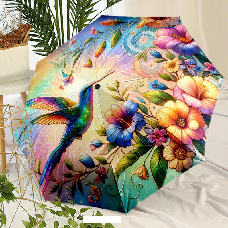 

Automatic Open/Close Hummingbird & Hibiscus Flower Umbrella - 8-Rib Compact Windproof Umbrella with One-Touch Button, Portable Iron&8K