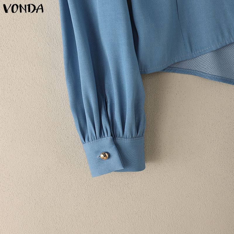 VONDA Women V-Neck Long Sleeve Lace-up Irregular Solid Color Casual Blouse