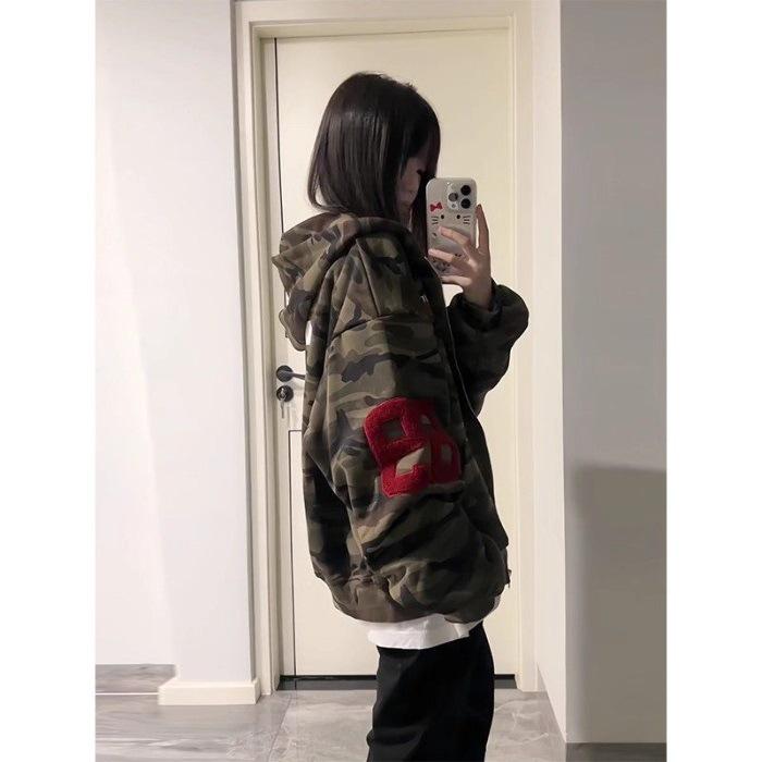 Women's Oversized Retro Camo Zipper Hoodie - Autumn Casual Style