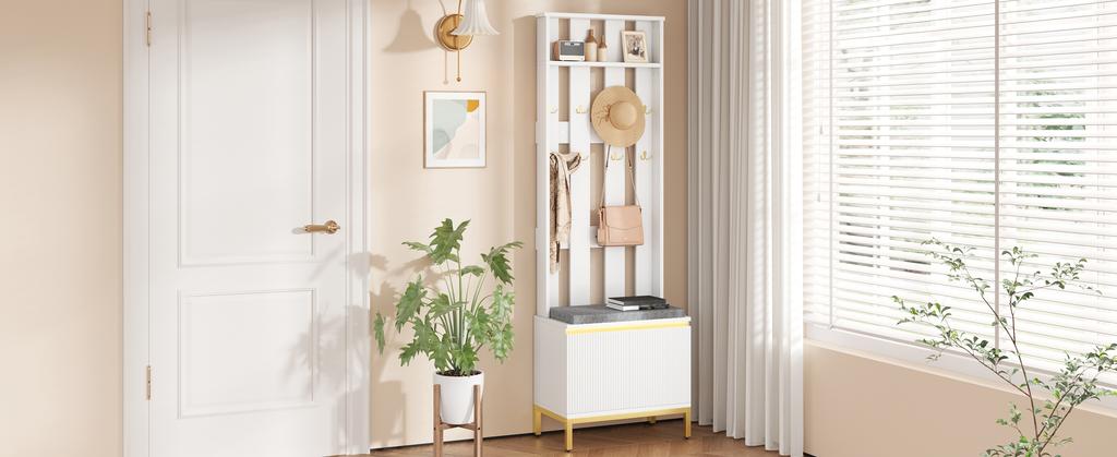 Coat Bench, White, Perforated Back Panel, 8 Golden Double Hooks, Padded Seat Bench, Wave-Front Shoe Cabinet, Height-Adjustable Shelf, LED Light Strip