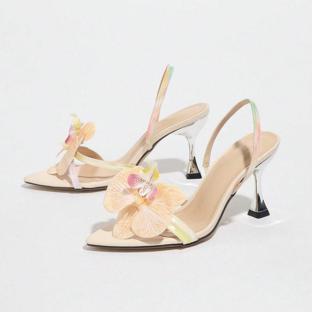 Women's three-dimensional flower decoration back strap electroplated heel pointed open-toed stiletto sandals women's shoes