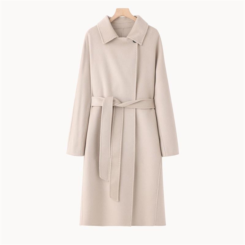 Womens Double-Sided Cashmere Wool Coat Mid-Length Belted Turn-Down Collar Loose Fit Winter 2026