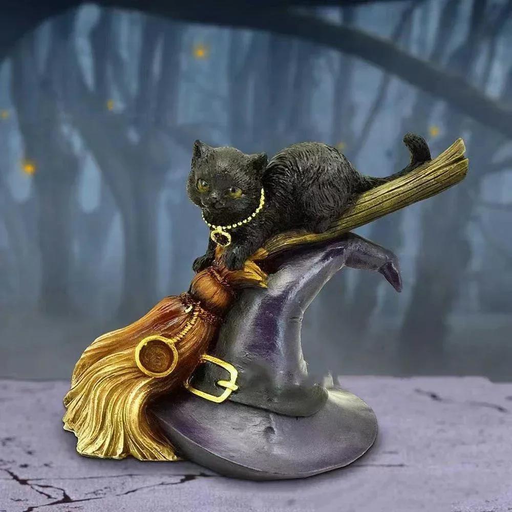 Cute Black Cat Ornament Broom Resin Crafts Figurine Table Art Gift Mini Gothic Home Decor Statues Halloween Desktop Decoration