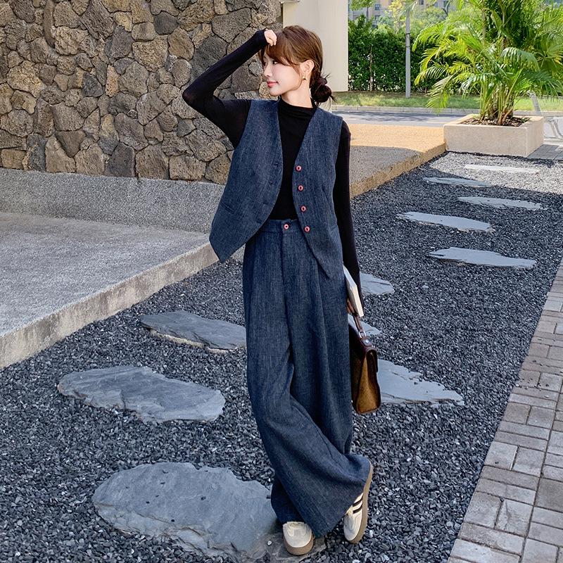 Women s Dark Blue Korean Spring 2026 Suit: Elegant Slimming Vest & Wide-Leg Pants Two-Piece Set Large