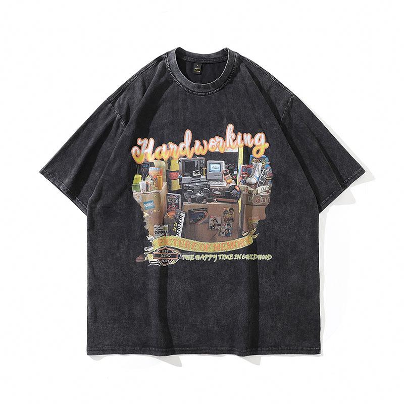 European And American Hiphop Retro Skull Print Washed Old Short-Sleeved T-Shirt Men'S And Women'S Vintage Hip-Hop Vintage