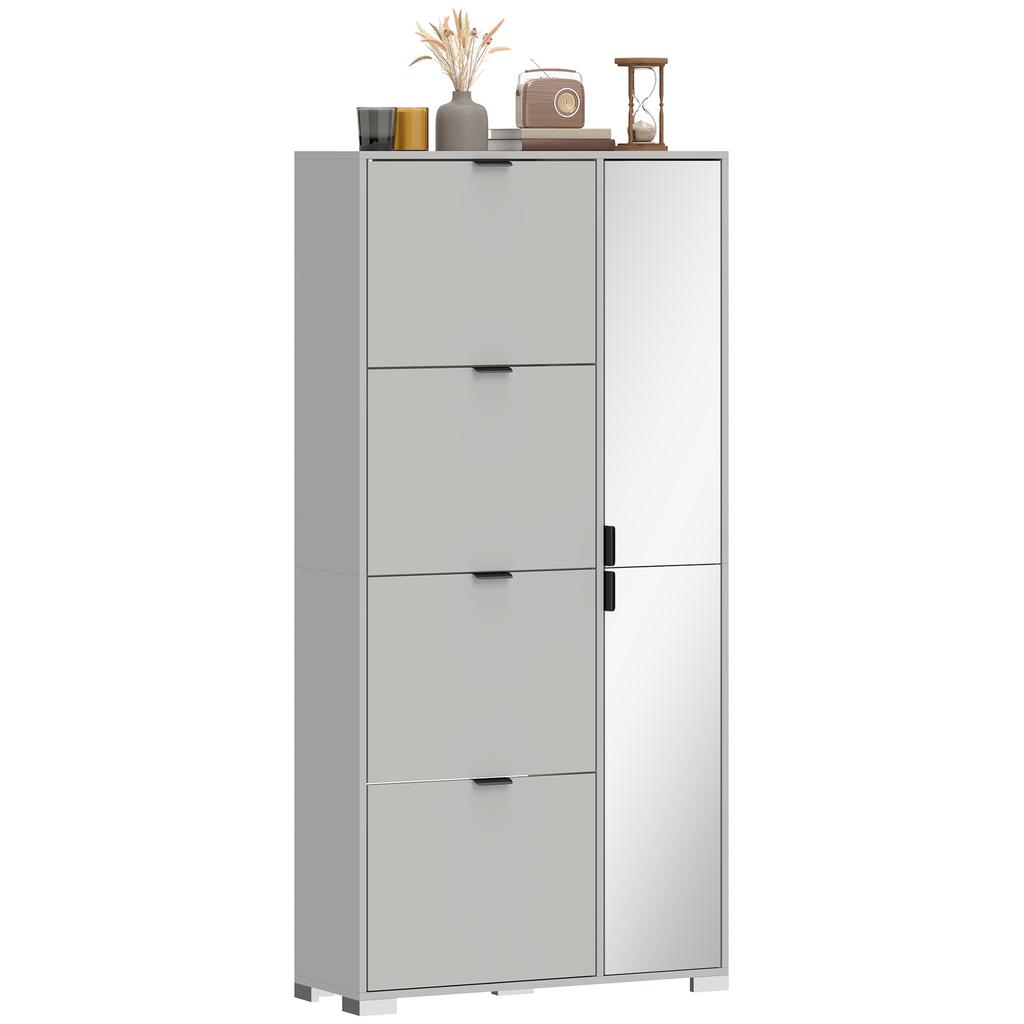 Shoe Rack with Mirror, 4 Flap Drawers, Gray