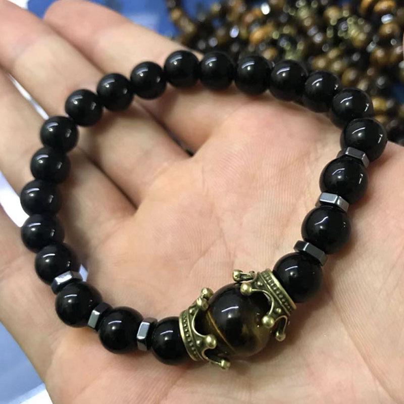 Men's Frosted Tiger Eye Stone Crown Bracelet – Fashionable European & American Beaded Jewelry