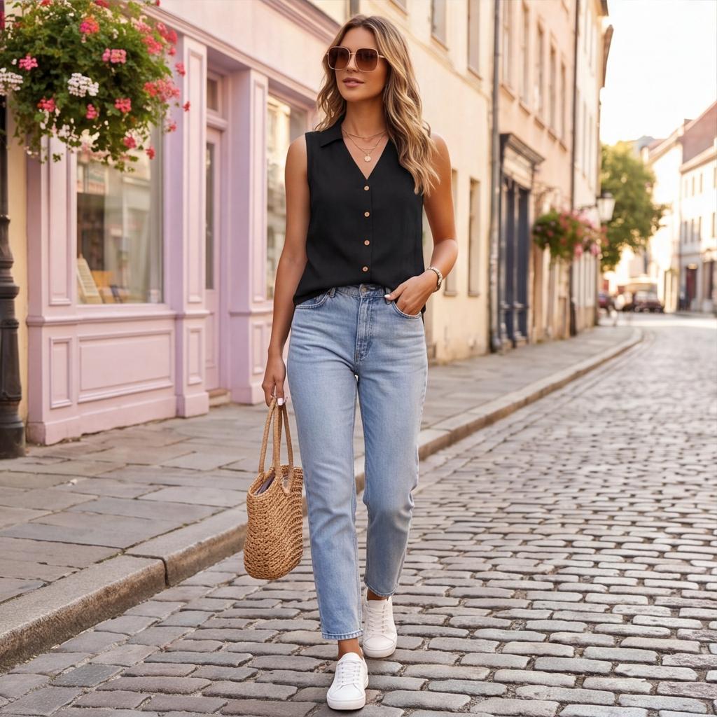Women's Summer Sleeveless Button Front Shirt V Neck Collar Casual Loose Fit Lightweight Blouse for Everyday Wear