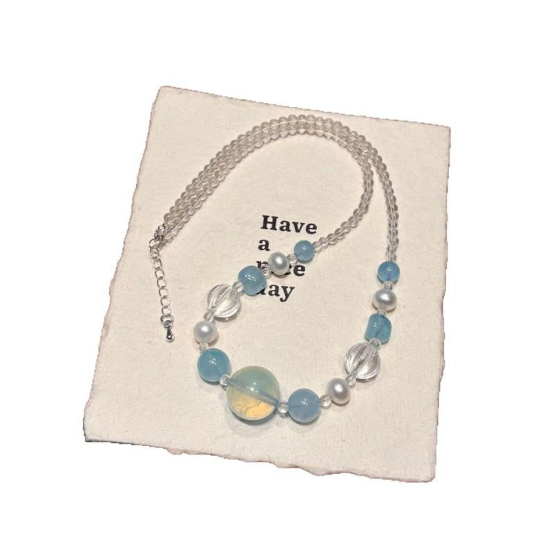 Handmade Natural Aquamarine Clear Quartz Choker Necklace Women Stylish Layering Jewelry