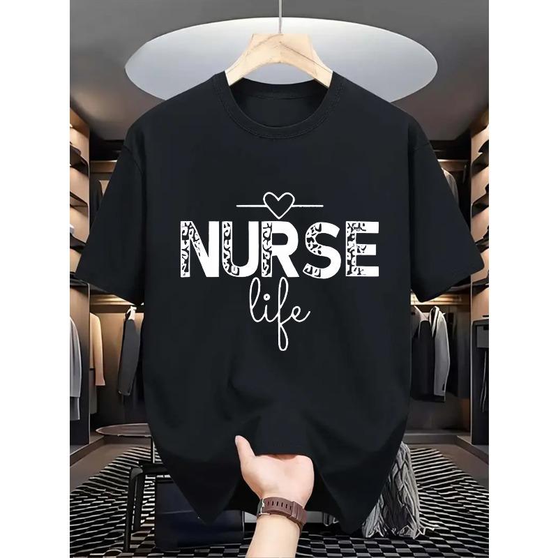 

European Size Nurses Letters and Creative Patterns Printed Tops, Men s Fashion Casual Round Neck and Short Sleeves, Daily Wear on Many Occasions. 4XL чорний