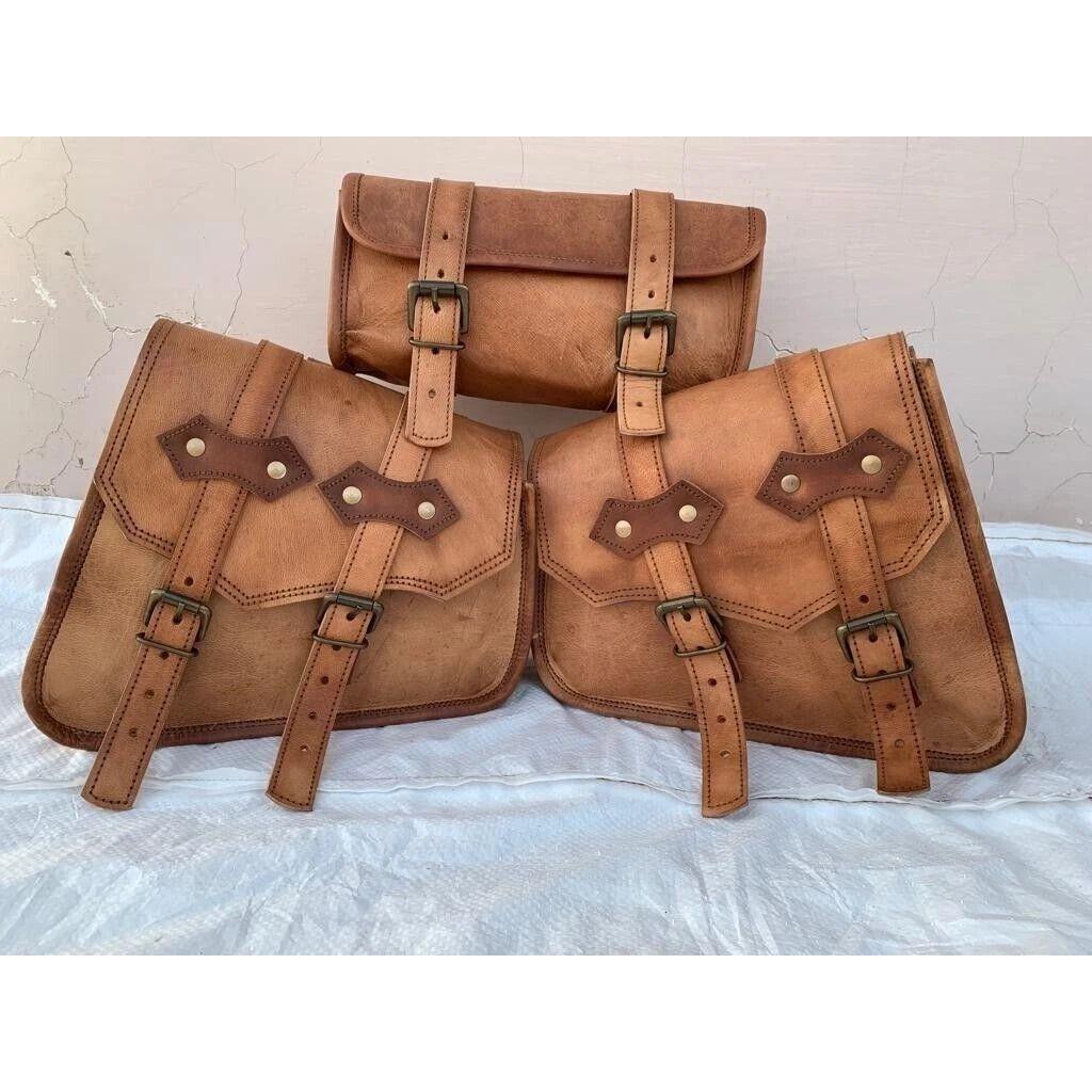Leather Bag Saddle Motorcycle Bags Bike Brown Panniers Side Vintage Bicycle New