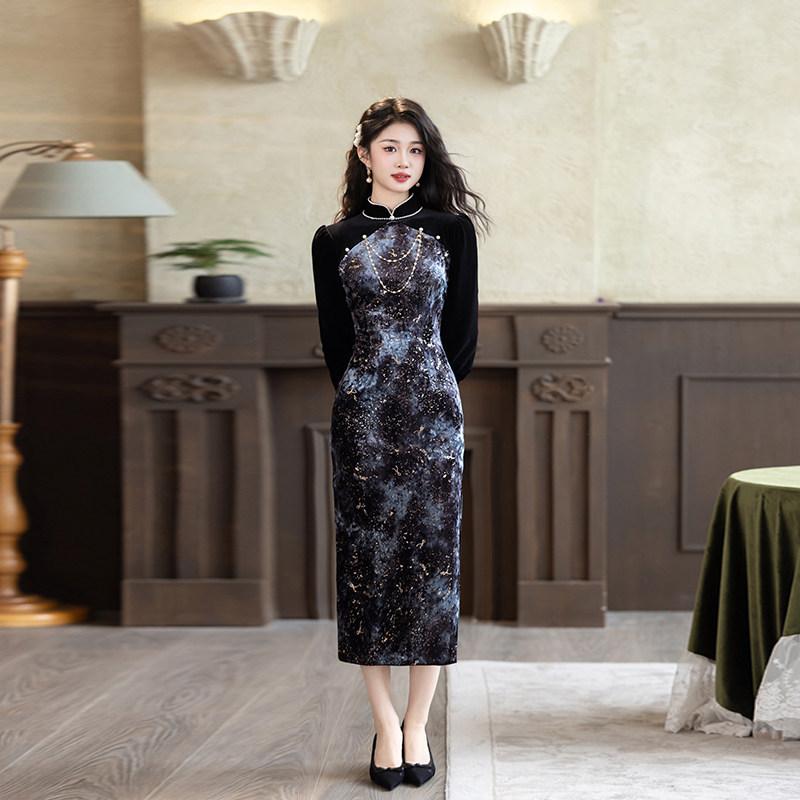 Stretch velvet new Chinese style Suzhou long-sleeve autumn qipao, improved youth style 1011 new women's sophisticated spring and autumn style