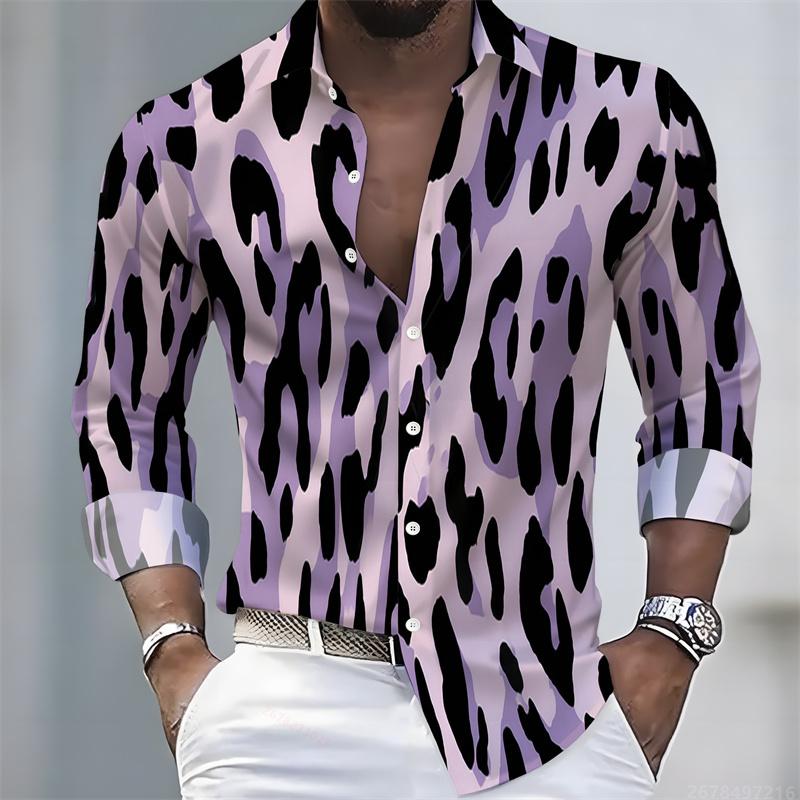 Men's Leopard Print Shirt Long Sleeve 3D Animal Pattern Button Down Spring Autumn Streetwear Tops