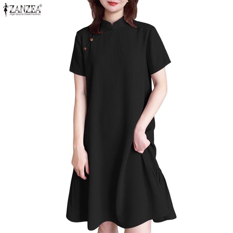 ZANZEA Damen Freizeit Stehkragen Sommer Kurzarm Kleid