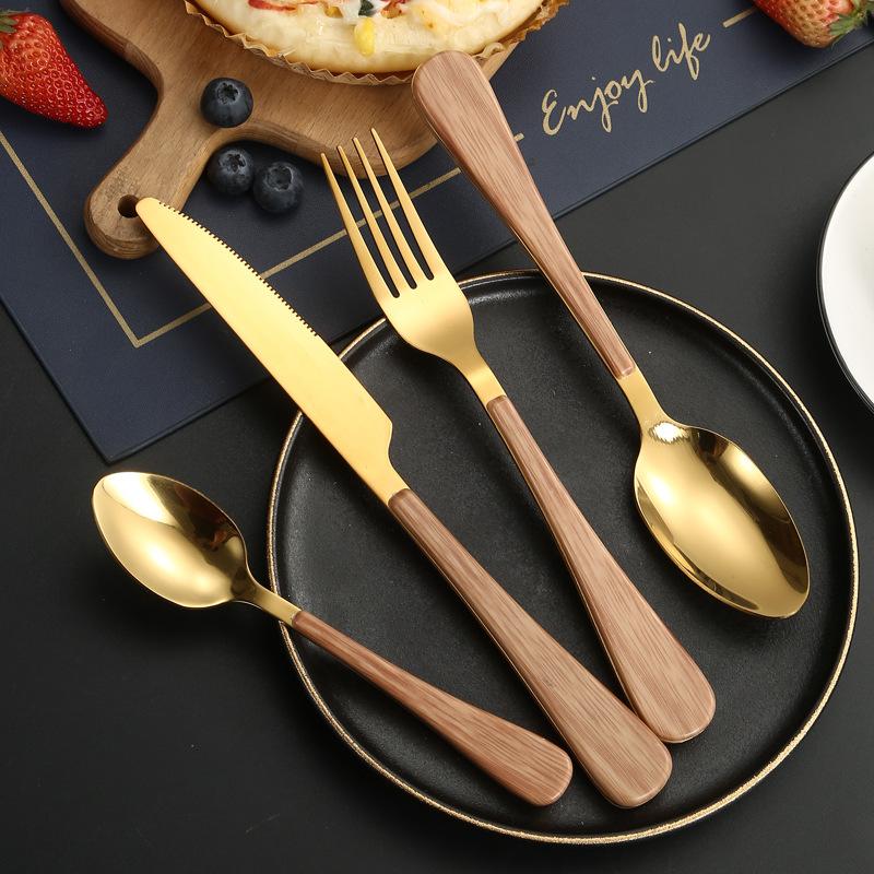 New Stainless Steel Cutlery Set with Imitation Wooden Handle Western Household Spoon Knife Fork Dinnerware Kitchen Tableware