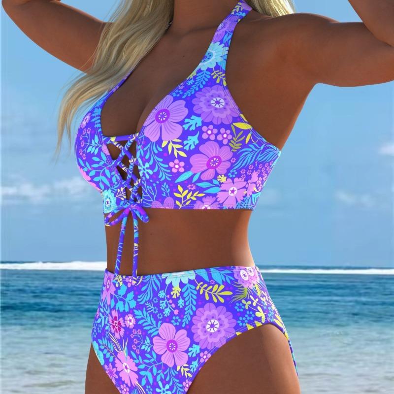 Nuovo Sexy Bikini Europeo e Americano per Commercio Estero con Pizzo Stampato e Laccetti Costume da Bagno Donna
