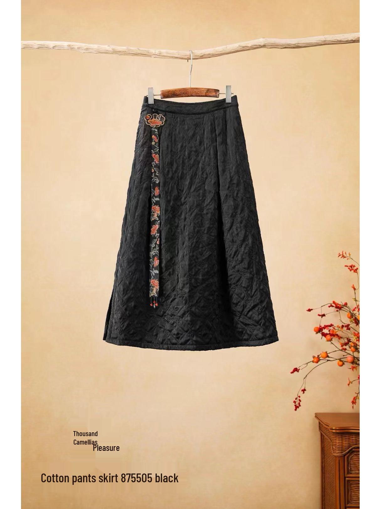 Ethnic Style Embroidered Winter Women s Cotton A-Line Skirt with Elastic Waist and Tie One Size чёрный