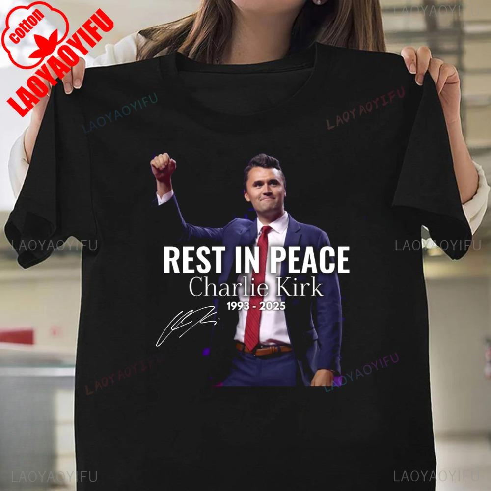 Чарли Кирк 19932025 Футболка с коротким рукавом Вечный Патриот RIP Чарли Мемориальная Одежда Унисекс Женская Уличная Одежда Футболка с Принтом S