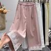 Damen High-Waist Spitzen-Patchwork Weite Hosen - Schlankmachend, Lässig, Verkürzter Gerader Schnitt