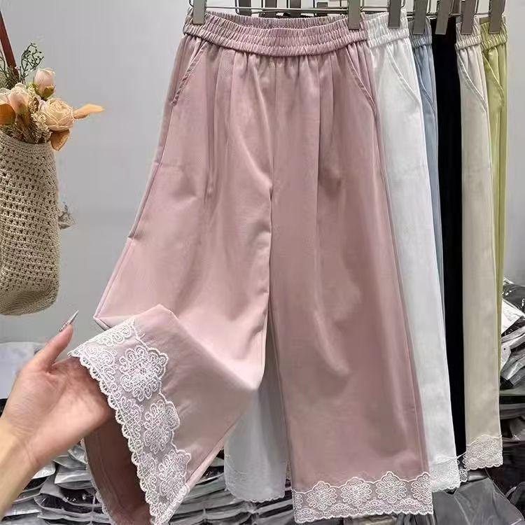 

Women s High-Waisted Lace Patchwork Wide-Leg Pants - Slimming, Casual, Cropped Straight-Leg Fit 3XL for 146-160 lbs розовый