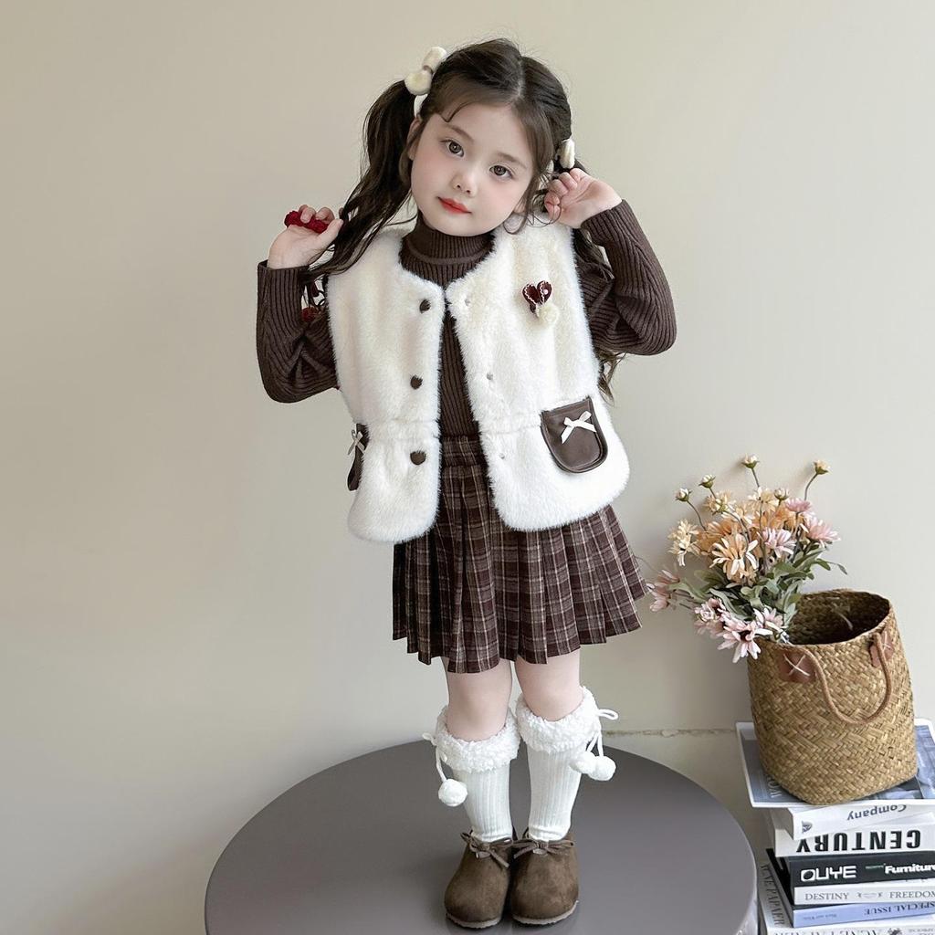 Mädchen Modische 2025 Herbst/Winter Pelzweste & Strickpullover mit Plisseerock Set