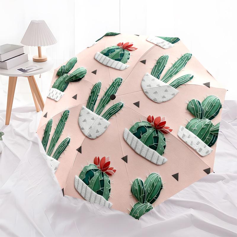 1pc Cactus Pattern Automatic Folding Umbrella, Heavy Duty 8 Rib Iron Frame,  Suitable for Travel, Daily Use, Birthday, Decor Gift  65
