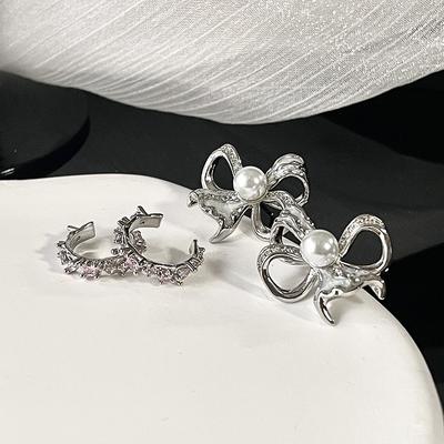 Niche Design Temperament Bow Cold Wind High-End Earrings Personalized Row Drill Ear Clips Earrings Without Pierced Ears