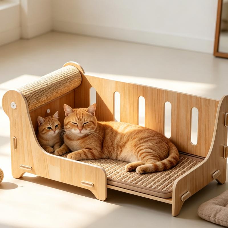 Large Wooden Cat Bed With Sisal Scratching Post Lounge Sofa Furniture For Indoor Pets Living Room Summer Cooling Pet Supplies