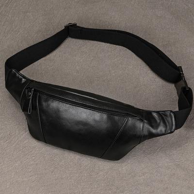 Creative and Fashionable Leather Chest Bag, Men's Shoulder Bag, Black Women's Crossbody Bag, Top Layer Cowhide Waist Bag, Mobile Phone Bag