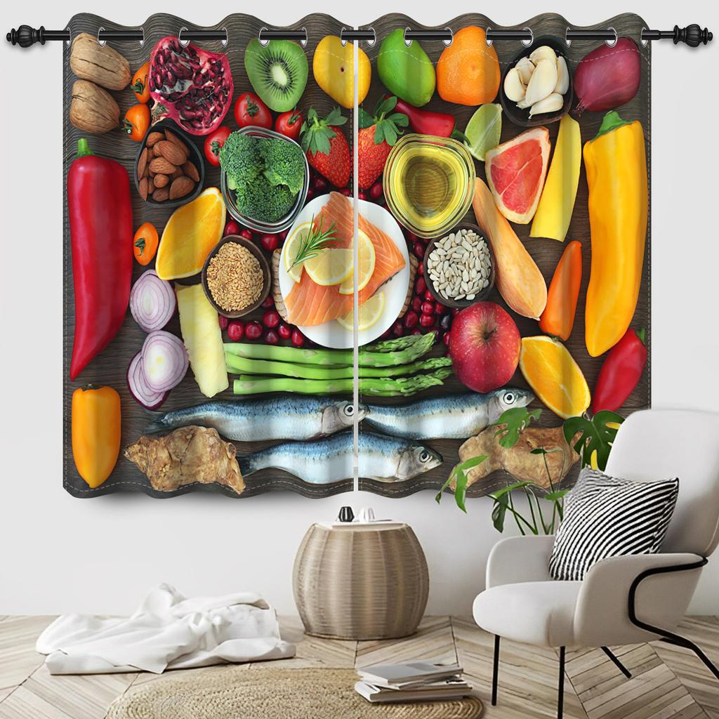 2pcs/set Fruits Vegetables Window Curtain Rural Farm Food Home Bedroom Living Room Decoration Blackout Polyester Fabric Curtains