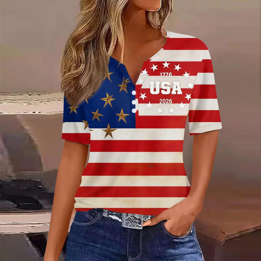 Damen-T-Shirt mit Aufdruck „Unabhängigkeitstag“ und Knopfleiste, kurzärmelig, für den Alltag und das Wochenende, modisch, Basic, V-Ausschnitt, normales Oberteil