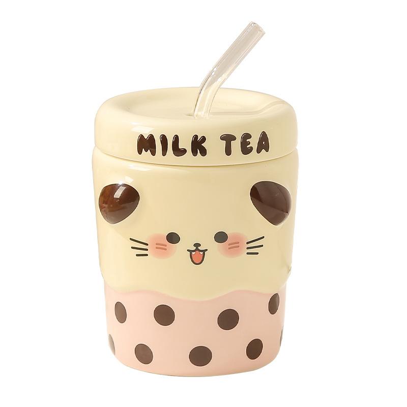 Kreativer Cartoon Milchshake Keramikbecher mit Deckel, Pärchenbecher, Haus- und Bürokaffee-Frühstücksbecher Geschenk